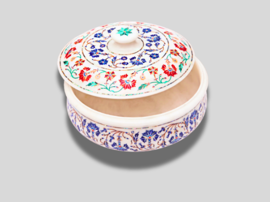 Decorative Marble Round Jewelry Vintage Box Rare Floral Marquetry Arts